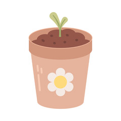 Clay pot with seedlings isolated on white background. Garden equipment, tool. Seasonal garden work. Spring vector llustration.