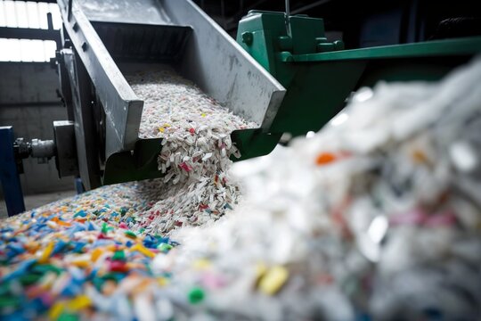 Chopped waste plastic transported by production line. Generative AI