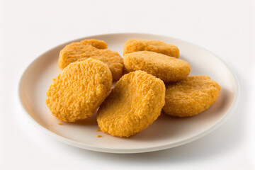 Homemade chicken nuggets,on white plate,  front view. ia generate