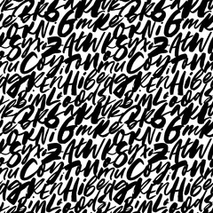 Handwritten alphabet letters seamless pattern. Brush drawn vector unreadable text. Lowercase and uppercase letters. Black and white abstract typography background. Modern brush calligraphy.