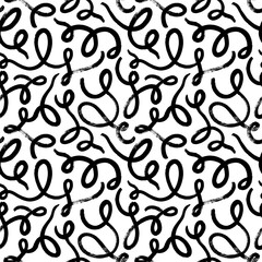 Brush drawn swashes seamless pattern. Brushstrokes, smears, curved lines and squiggle pattern. Abstract monochrome organic background. Vector hand drawn calligraphic swashes with brush strokes.