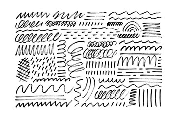 Wavy and swirled brush strokes isolated on white background. Vector scribbled geometric shapes, squiggle lines, messy dots collection. Brush drawn chaotic curly lines. Expressive childish style.
