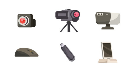 Camera,mobile phone,driver,mouse,webcam.Equipment for online working in cartoon