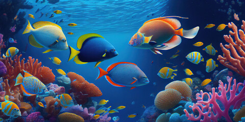 Colorful underwater world with coral and fish, Generative AI