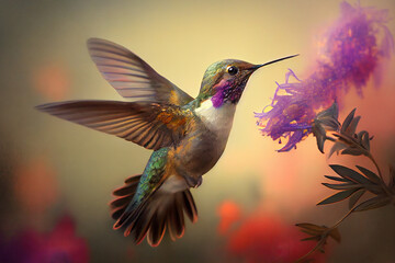 Fototapeta na wymiar Hummingbird hovering around a flower, Generative AI