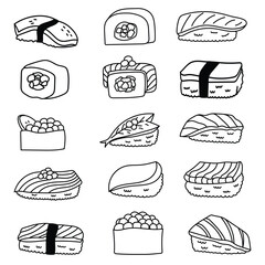 Hand drawn sushi food collection in doodle art style on white background