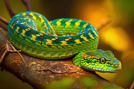 Green viper snake coiled, Generative AI