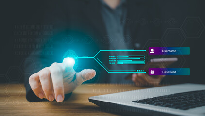 Cyber security password login online concept. Finger print user typing and entering username and password of social media, log in to an online bank account, data protection hacker, cyberspace privacy.