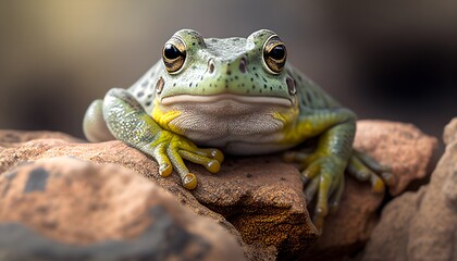 Fototapeta premium Close up photograph of a tiny green frog sitting on a rock, macrophotography, wildlife photo, animal photography