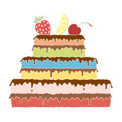 A cake with colorful layers, covered with chocolate, strawberries, cherries and a piece of lemon. Freehand drawing. Doodle. Hand Drawn. Outline.