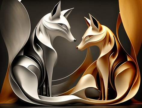A Flowing Gold and Silver Statue Depicting Two Foxes in Love Generative AI