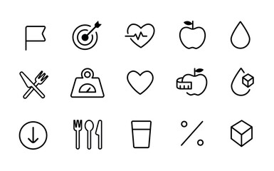 Healthy food and Detox Diet Vector Thin Line Icons. Web Set of Nutrition. Contains such Icons as Obesity, Caunt Calories, Water balance and more. Outline icons collection. Simple vector - 570915191