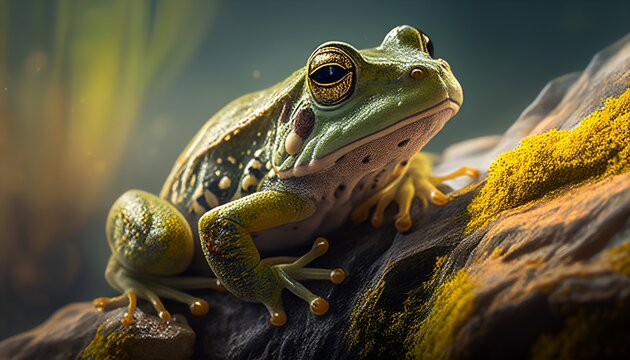 Close up photograph of a tiny green frog sitting on a rock, macrophotography, wildlife photo, animal photography