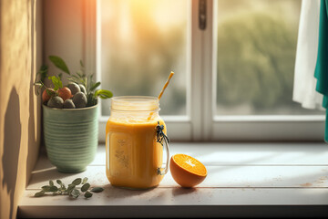 Fototapeta na wymiar Glass jar of homemade fruit smoothie on the kitchen. Tasty and healthy food. AI generative image.