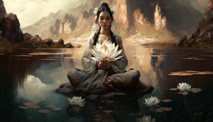 Beautiful Woman in meditation state illustration oil painting style generative ai - obrazy, fototapety, plakaty