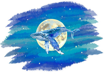 Blue whale against the backdrop of the full moon and night sky. Watercolor fantasy drawing. Marine animals, environmental protection. For printing books, postcards, notepads, clothes, objects.