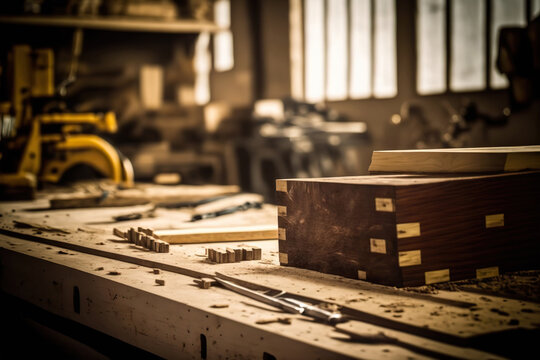 Abstract carpentry woodcraft studio indoor background with copy space. AI generative image.