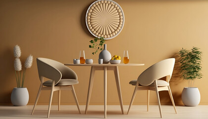 Wooden Round Table and Chairs with  Cream and Beige  Wall. Interior Design For Modern Dining Room, Cafe, Bar or Restaurant. Generative AI  