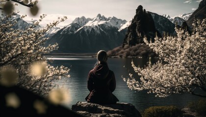 Fototapeta na wymiar Woman meditating on beautiful landscape from behind generative ai