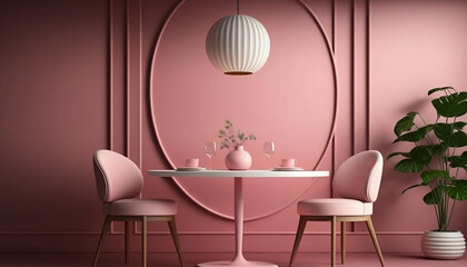 Wooden Round Table and Chairs with Pink and White Wall. Interior Design For Modern Dining Room, Cafe, Bar or Restaurant. Generative AI  