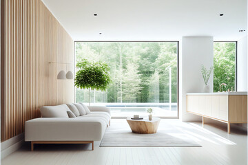 Fototapeta Illustration of modern light apartment with big windows created with Generative AI technology. obraz