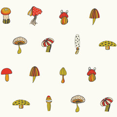 Natural color mushrooms cute seamless pattern. Abstract mushrooms of different shapes light background. Vector