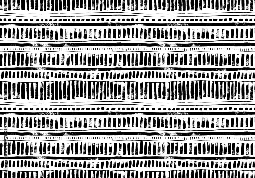 Aufkleber Brush drawn geometric seamless pattern in native style. Ethnic or tribal ornament with black and white thin lines and bold dashes. Horizontal stripes with vertical vector dashes. Aztec native ornament