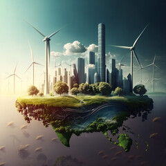 eco city landscape concept, green clean renewable energy, with windmills and solar panels, generative AI