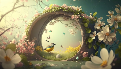 Beautiful enchanted landscape. Fantasy garden background. Magic meadow with spring blooming trees. Round frame with copy space in the middle. Fairy tale banner. AI generative image. - obrazy, fototapety, plakaty