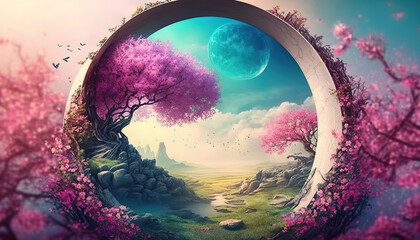 Obraz na płótnie Canvas Beautiful enchanted landscape. Fantasy garden background. Magic meadow with spring blooming trees. Round door in the middle. Fairy tale banner. AI generative image.