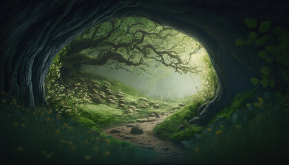 Fototapeta premium Beautiful fantasy dense forest landscape with old growth trees. Magic woods background with copy space. Fairy tale outdoor backdrop. AI generative image.