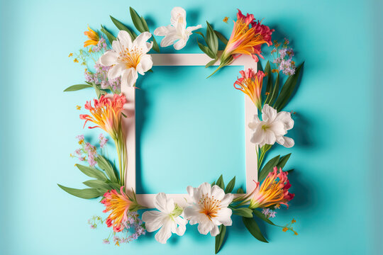 Vertical square frame with beautiful floral decoration made of alstroemeria flowers in different colors. Place for text. Border with blank place for text. AI generative image.