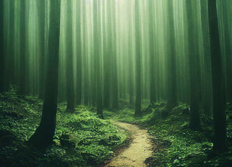 eerie and beautiful foggy forest landscape