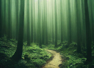 Obraz premium eerie and beautiful foggy forest landscape