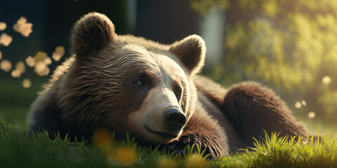 Obraz premium Cute and funny brown bear lying down on the spring lawn. Golden hour light. Background with wild animal and copy space. AI generative image.