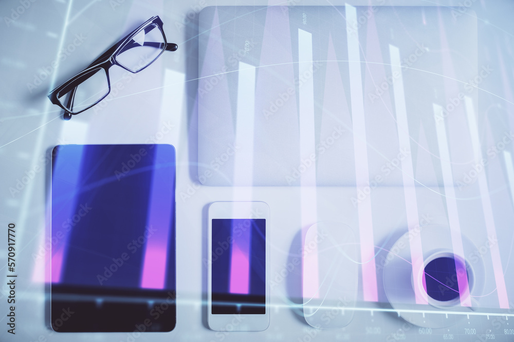 Poster multi exposure of financial chart hologram over desktop with phone. top view. mobile trade platform 