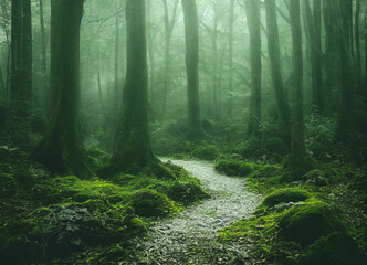Obraz premium eerie and beautiful foggy forest landscape