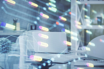 Double exposure of data theme drawing and office interior background. Concept of technology.