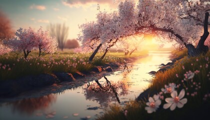 Beautiful landscape illustration with Sakura blossom generative ai
