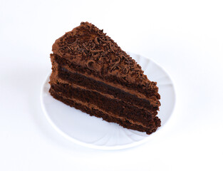 Fototapeta na wymiar A piece of chocolate cake on a white background. Shallow depth of field