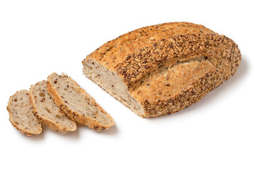  Fresh loaf and slices of country bread and seeds close up isolated on white background