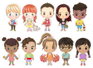 School Kids Student illustration transparent, Children various skin tones and activities for back to school projects and decoration for teachers, diversity of human, equal learning.