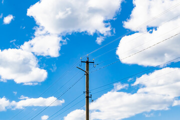 Power electric pole with line wire on colored background close up