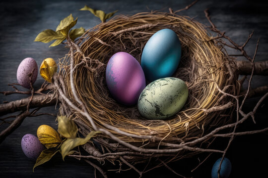 colorful easter nest with easter eggs, generative AI