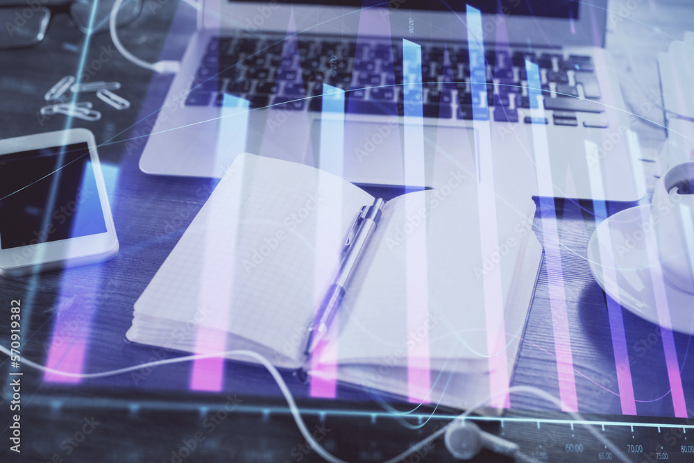 Poster Multi exposure of financial graph drawings and desk with open notebook background. Concept of forex