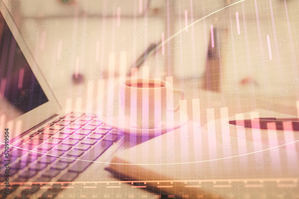 Poster Double exposure of financial chart drawing and desktop with coffee and items on table background. Concept of forex market trading