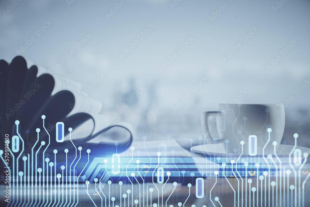 Aufkleber double exposure of technology theme drawing and desktop with coffee and items on table background. c