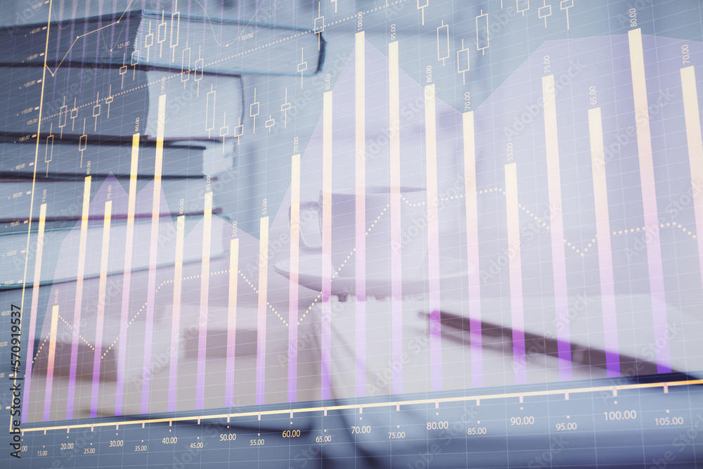 Poster Double exposure of financial chart drawing and desktop with coffee and items on table background. Concept of forex market trading