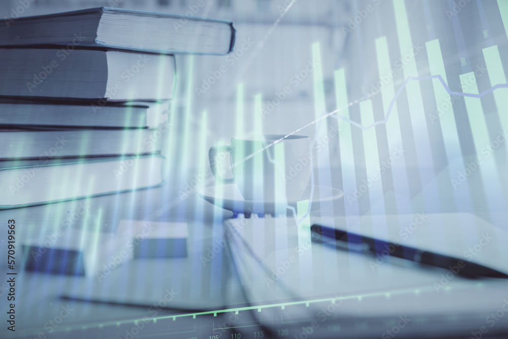 Poster Double exposure of financial chart drawing and desktop with coffee and items on table background. Concept of forex market trading