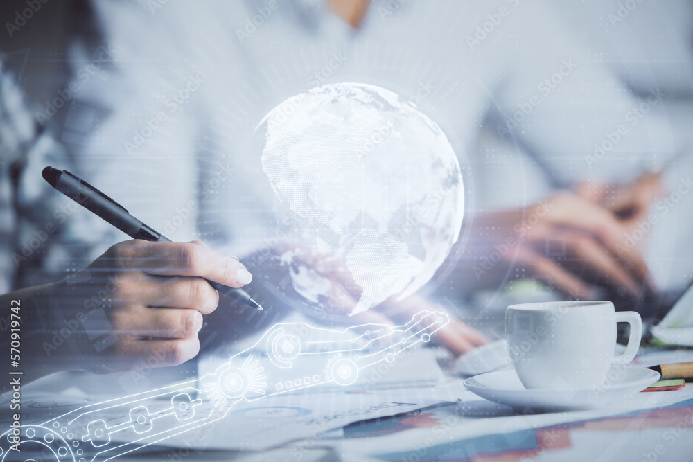 Poster double exposure of map drawing over people taking notes background. concept of international connect